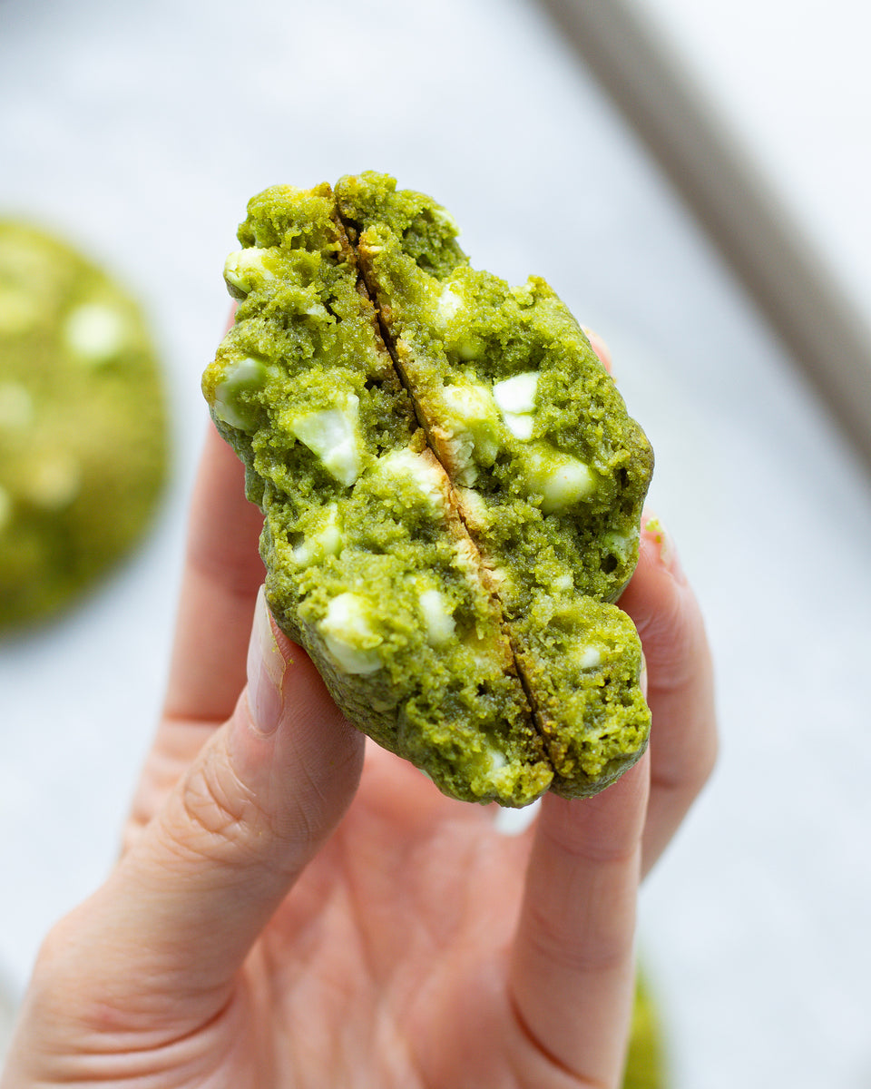 White Chocolate Chip Matcha Cookies by Justine Snacks
